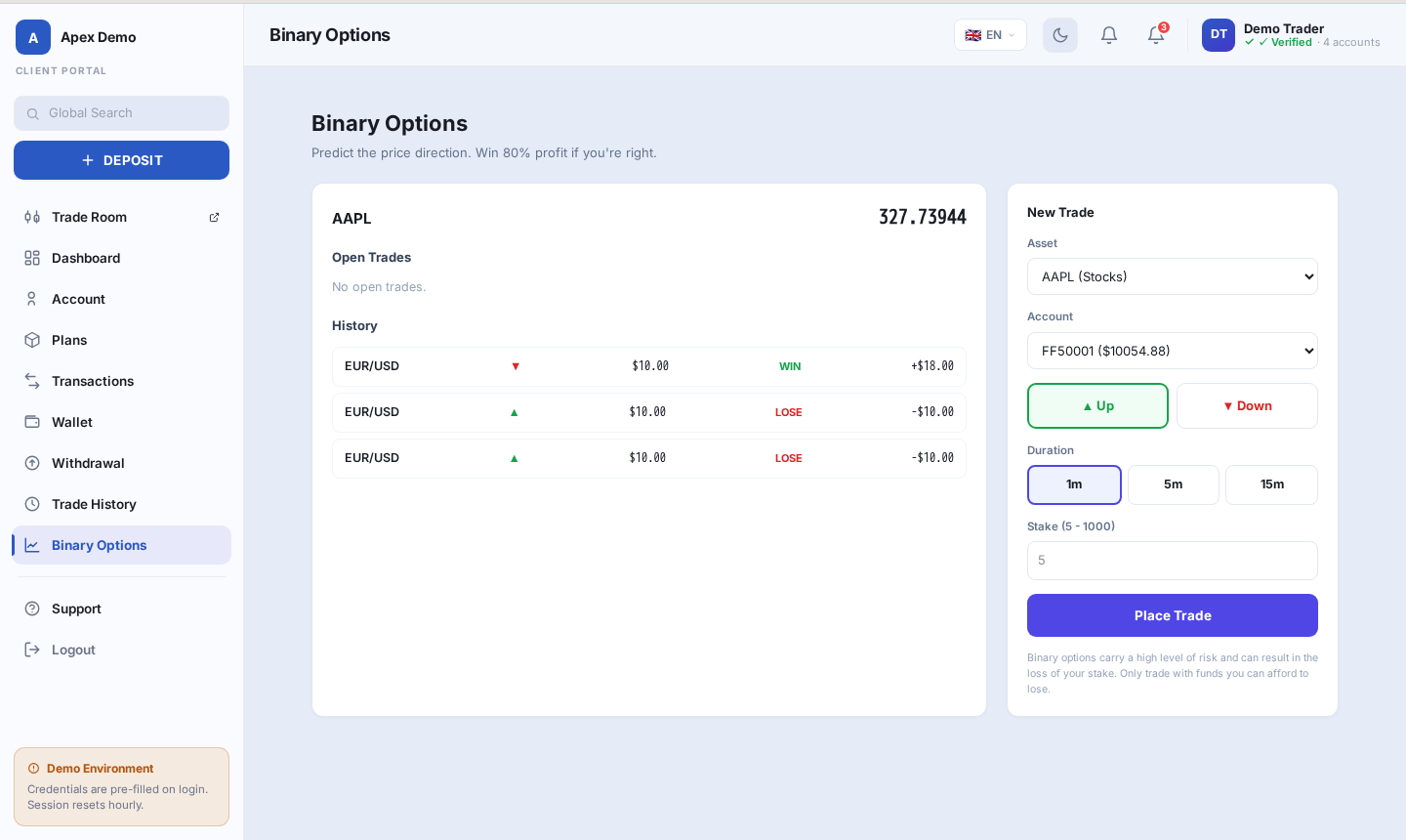 Real FirmForge binary options trading page, up/down direction with live payout preview